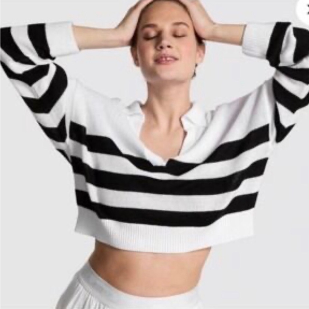 Cropped Black & White Striped V-Neck Sweater